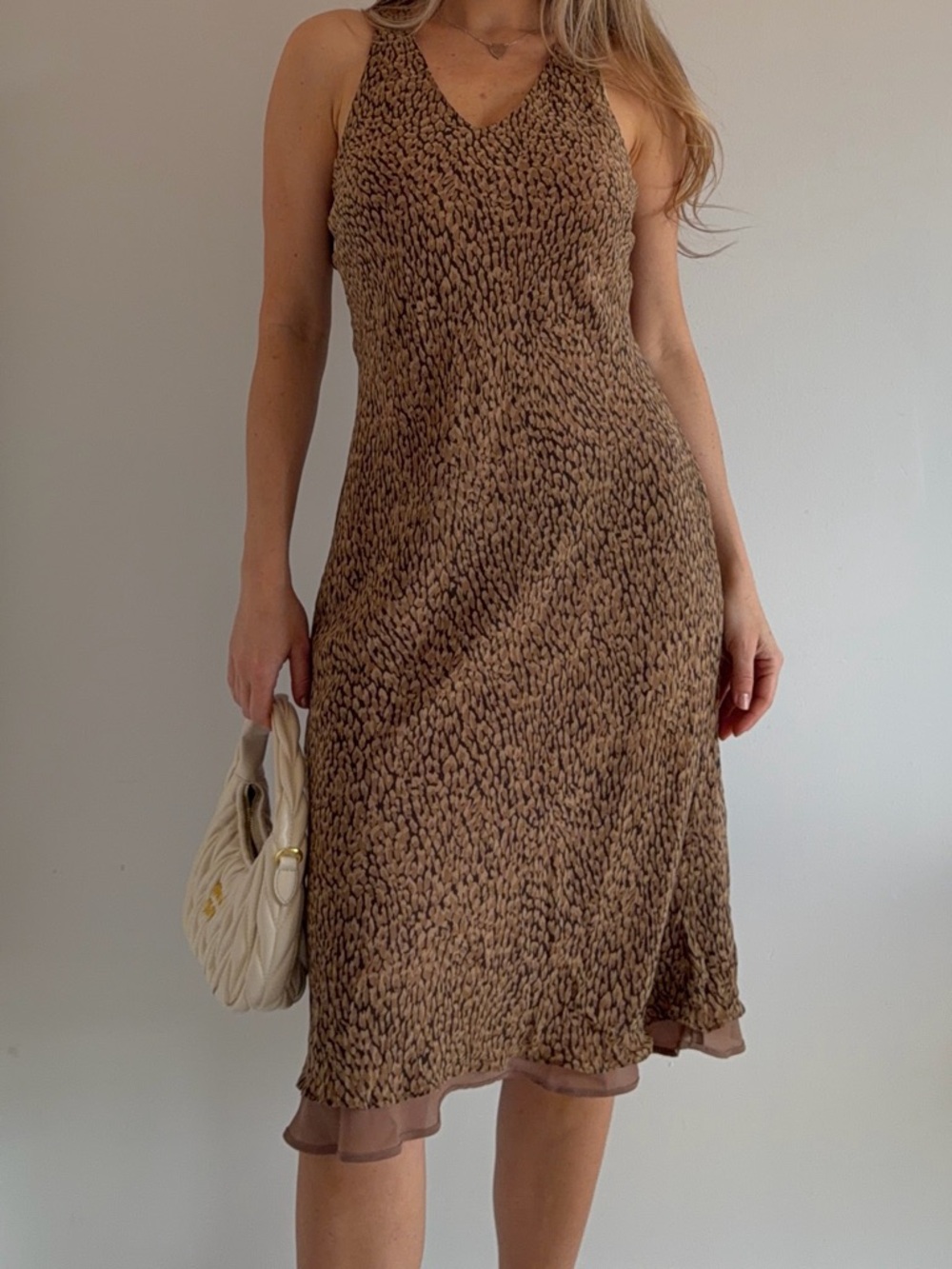 Vintage Ann Taylor 100% Silk Leopard Print Midi Dress 90s Y2K Racerback Brown 2